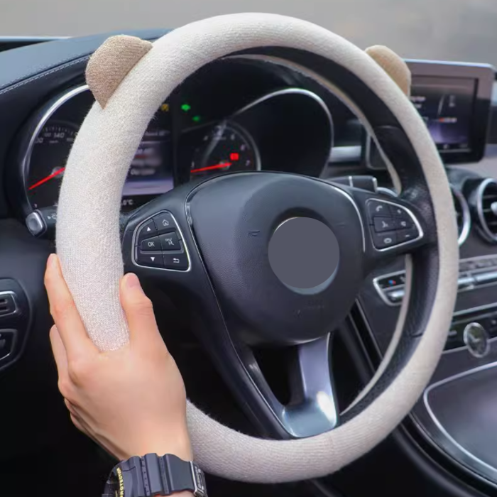 Linen Cute Bear Ear Steering Wheel Cover