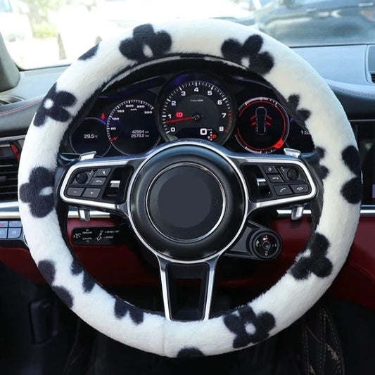 Plush Black Myosotis Steering Wheel Cover