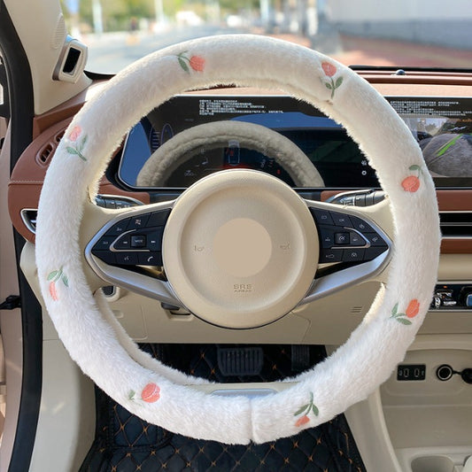 Plush Tulip-Patterned Steering Wheel Cover