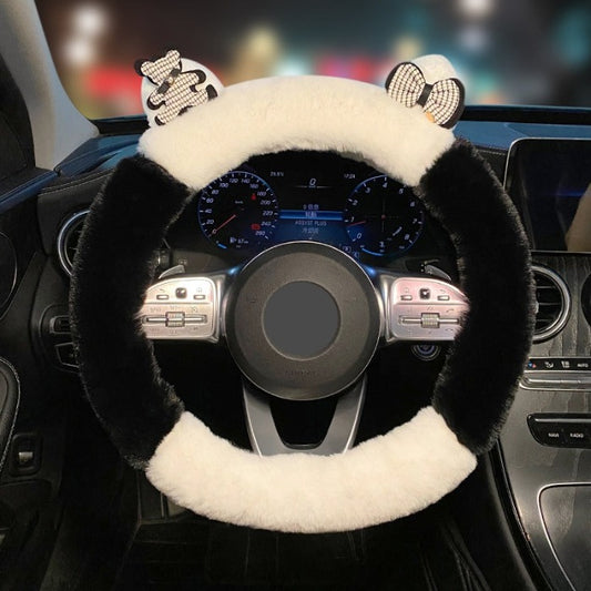 Fluffy Panda with Badge Steering Wheel Cover