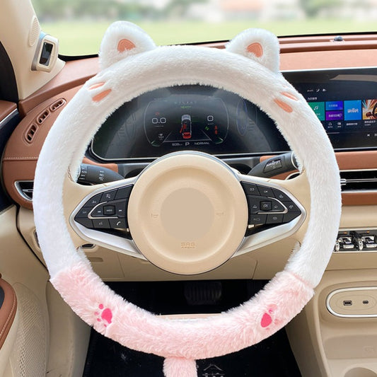 Plush White Kitten Steering Wheel Cover