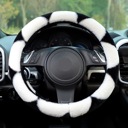 Plush Black&White Steering Wheel Cover