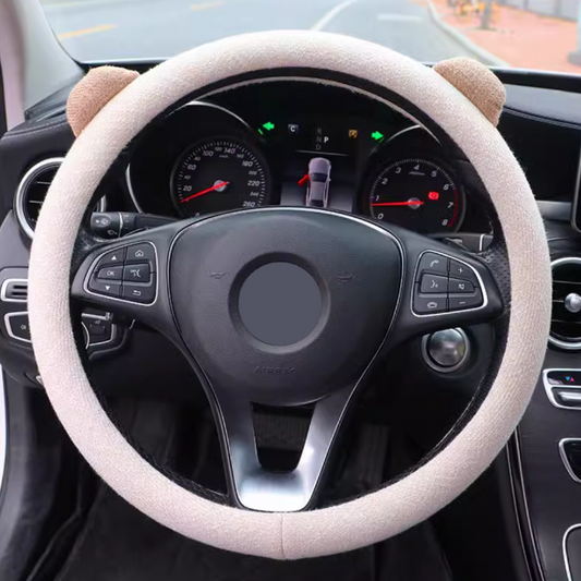 Linen Cute Bear Ear Steering Wheel Cover